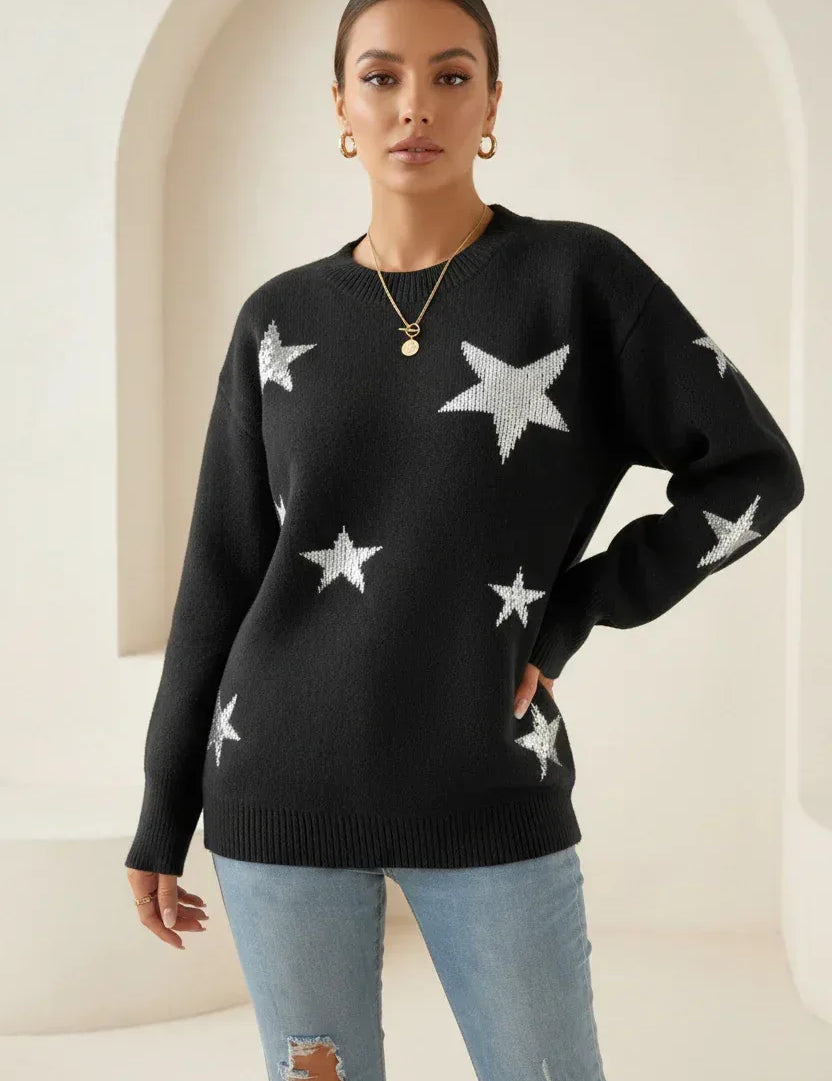 Star Print Loose Fit Knit Sweater - DAVERRI FASHIONS