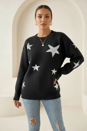 Star Print Loose Fit Knit Sweater - DAVERRI FASHIONS