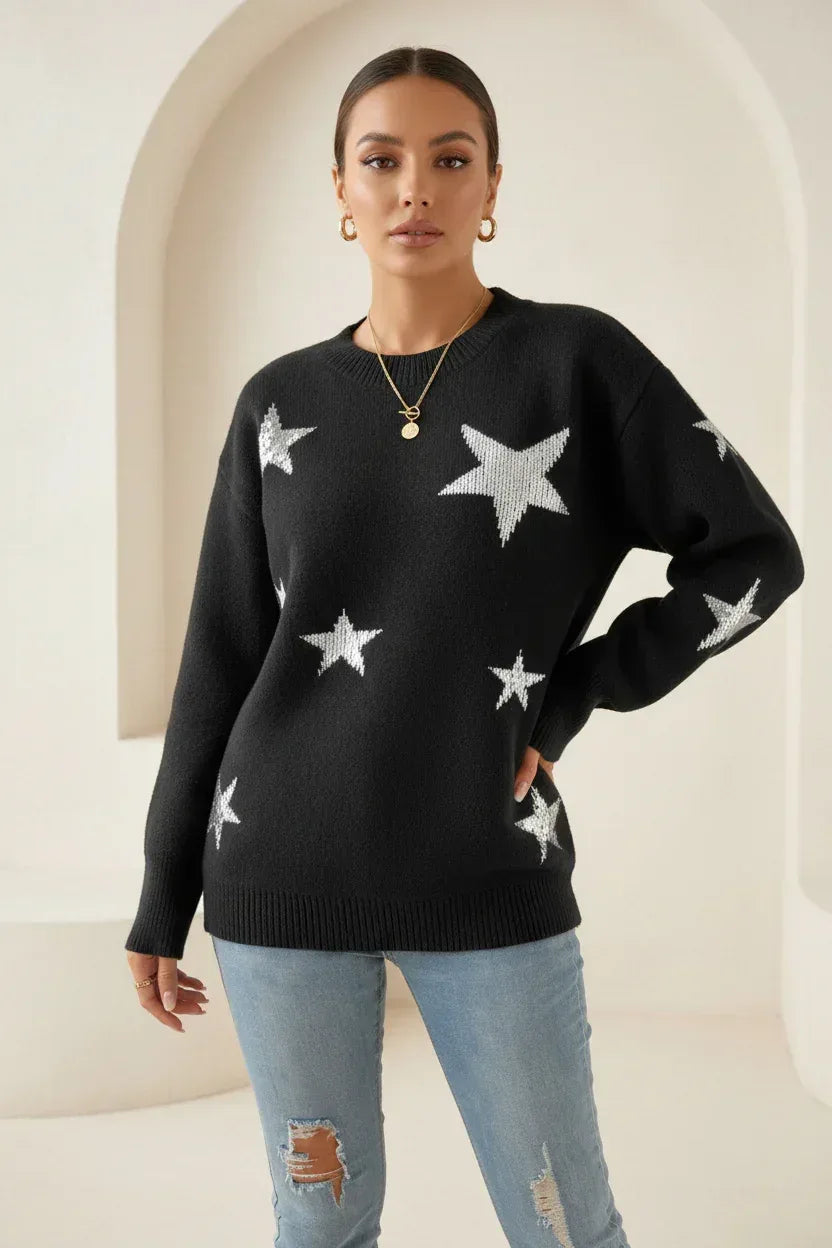 Star Print Loose Fit Knit Sweater - DAVERRI FASHIONS