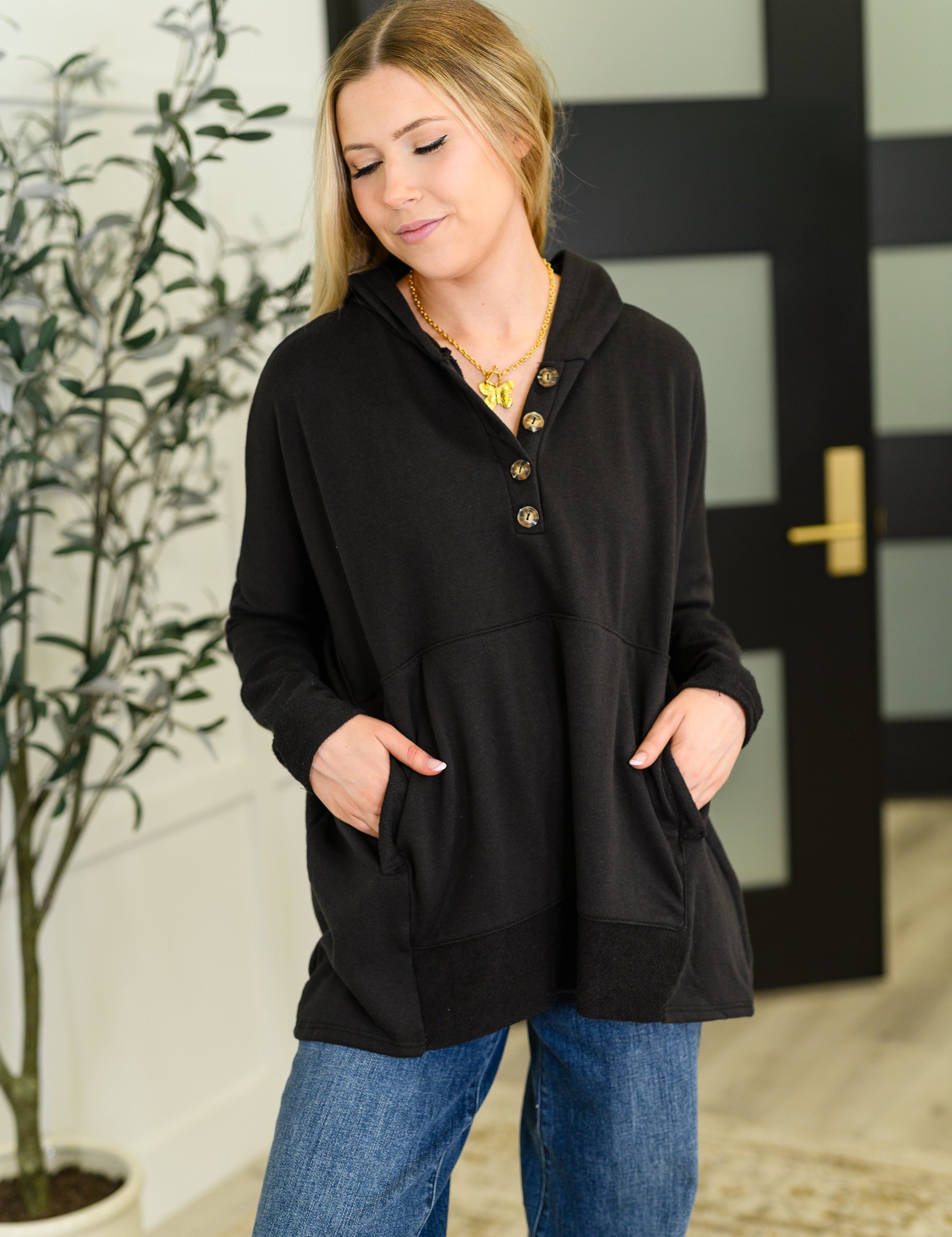 Warm Intentions Henley Pullover in Black | Womens Daverri Fashions