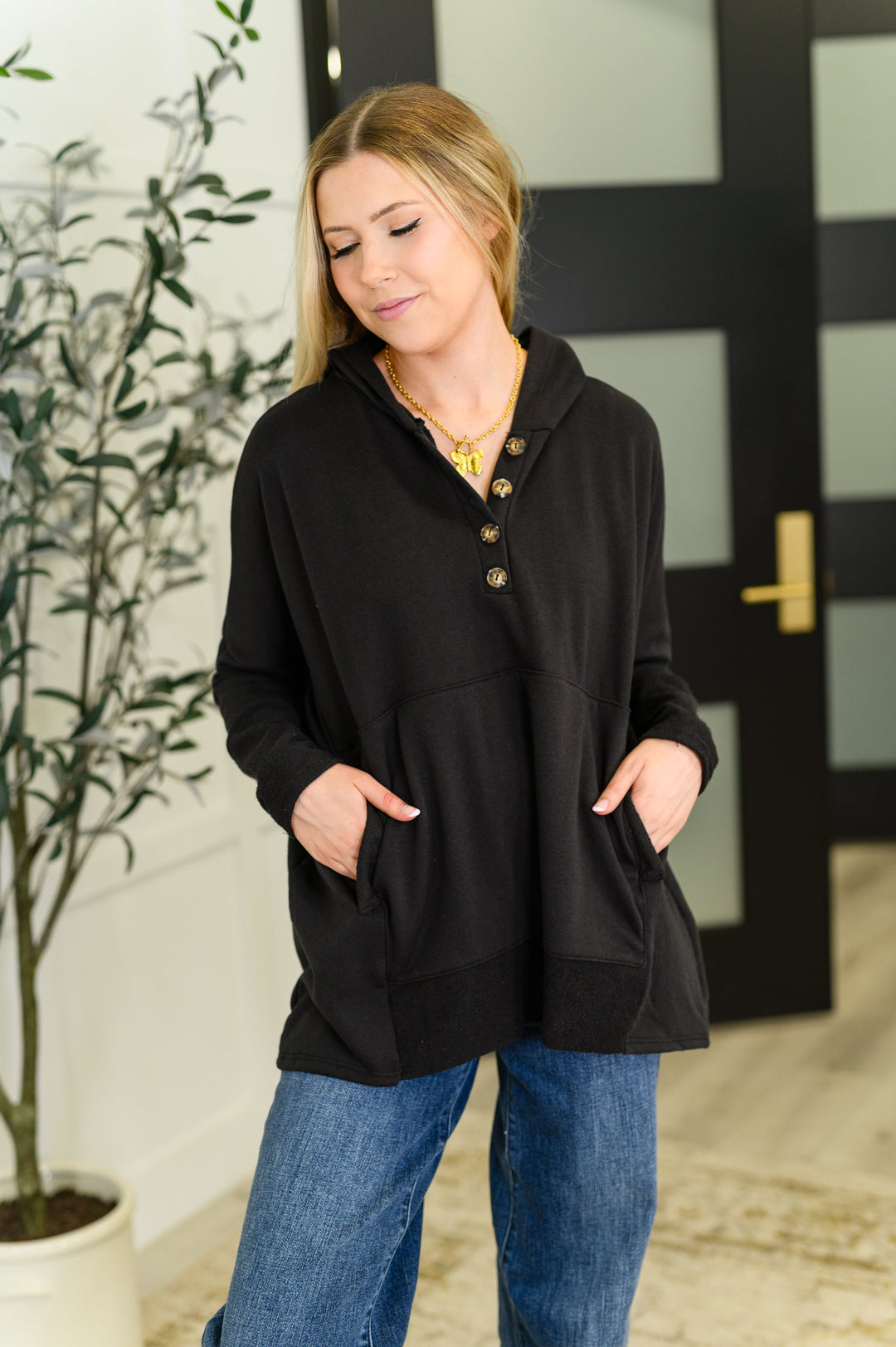 Warm Intentions Henley Pullover in Black | Womens Daverri Fashions