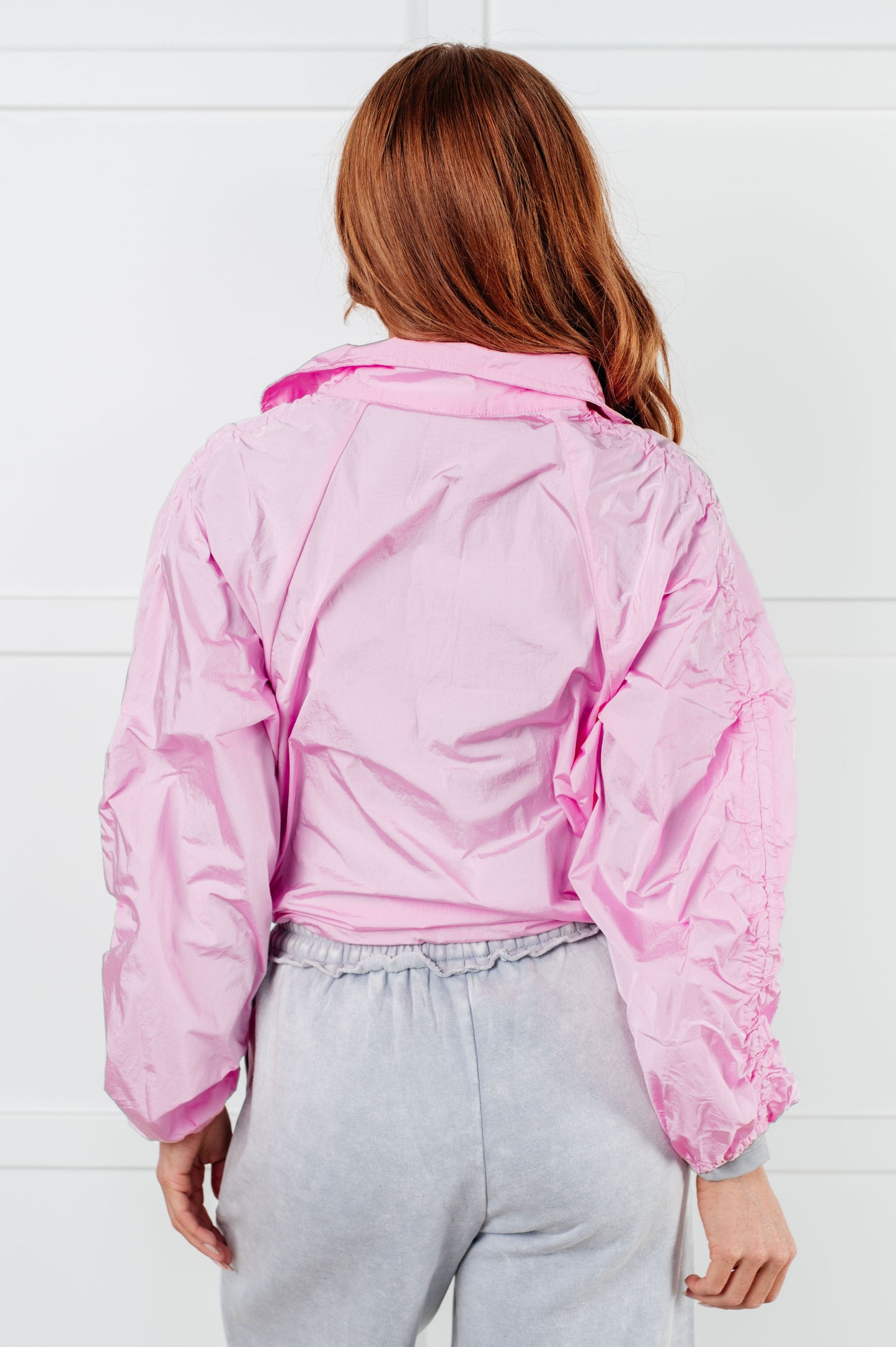 Lime N Chili pink zippered windbreaker jacket with ruched sleeves and high collar