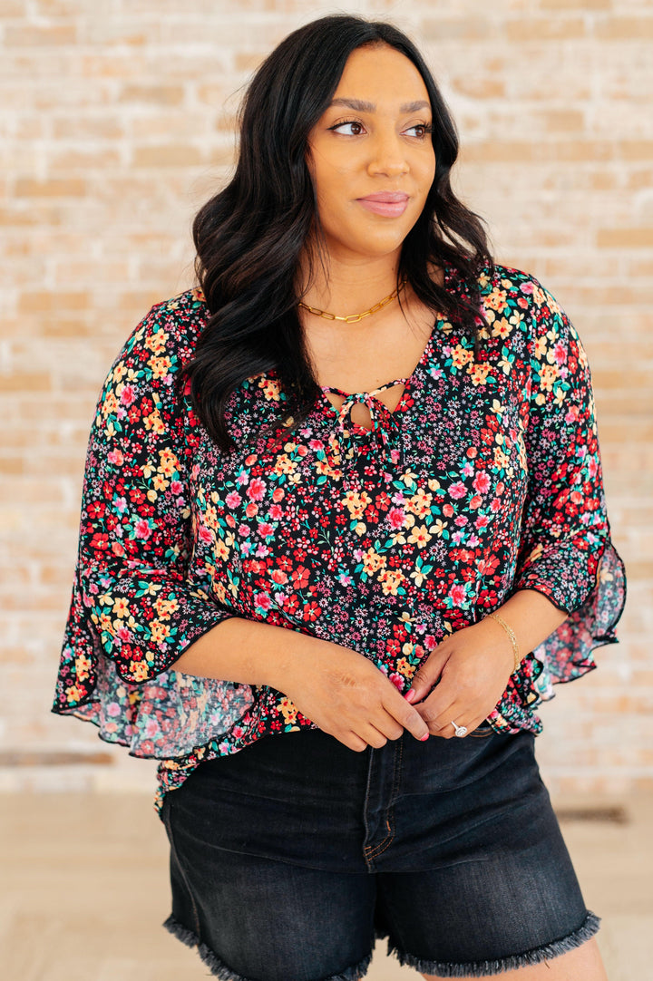 Willow Bell Sleeve Top in Black Multi Ditsy Floral Shirts & Tops