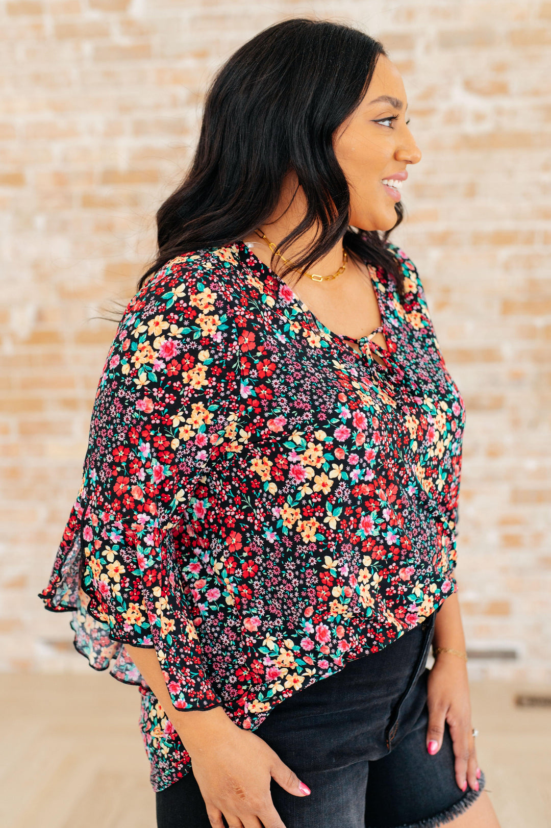 Willow Bell Sleeve Top in Black Multi Ditsy Floral Shirts & Tops