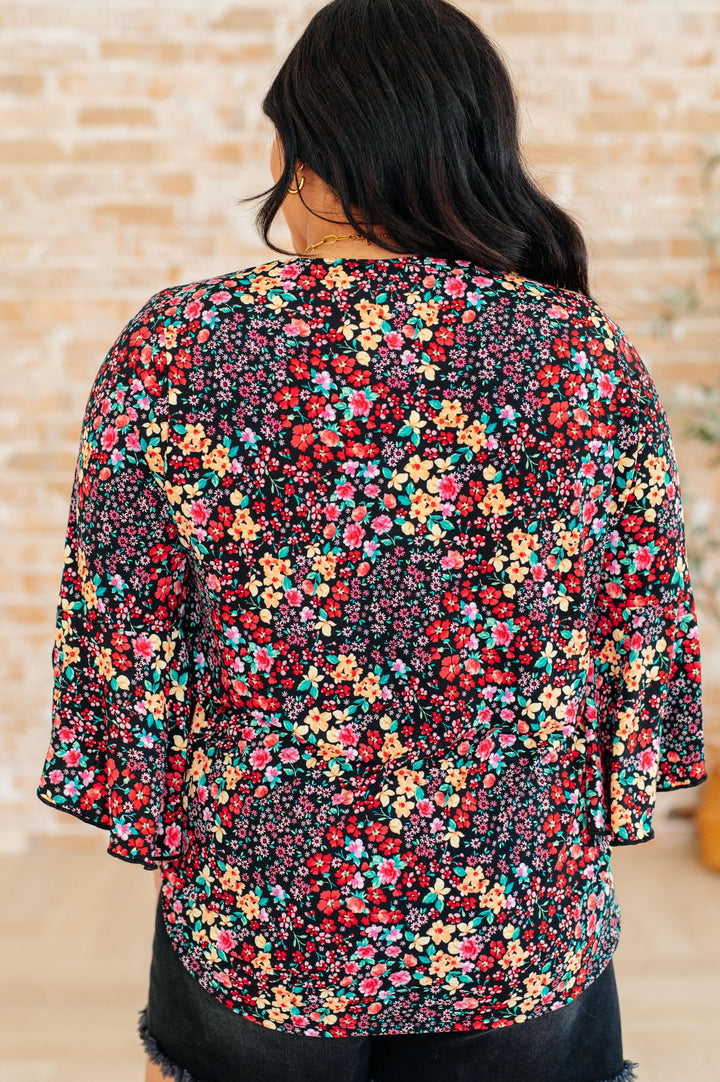 Willow Bell Sleeve Top in Black Multi Ditsy Floral Shirts & Tops