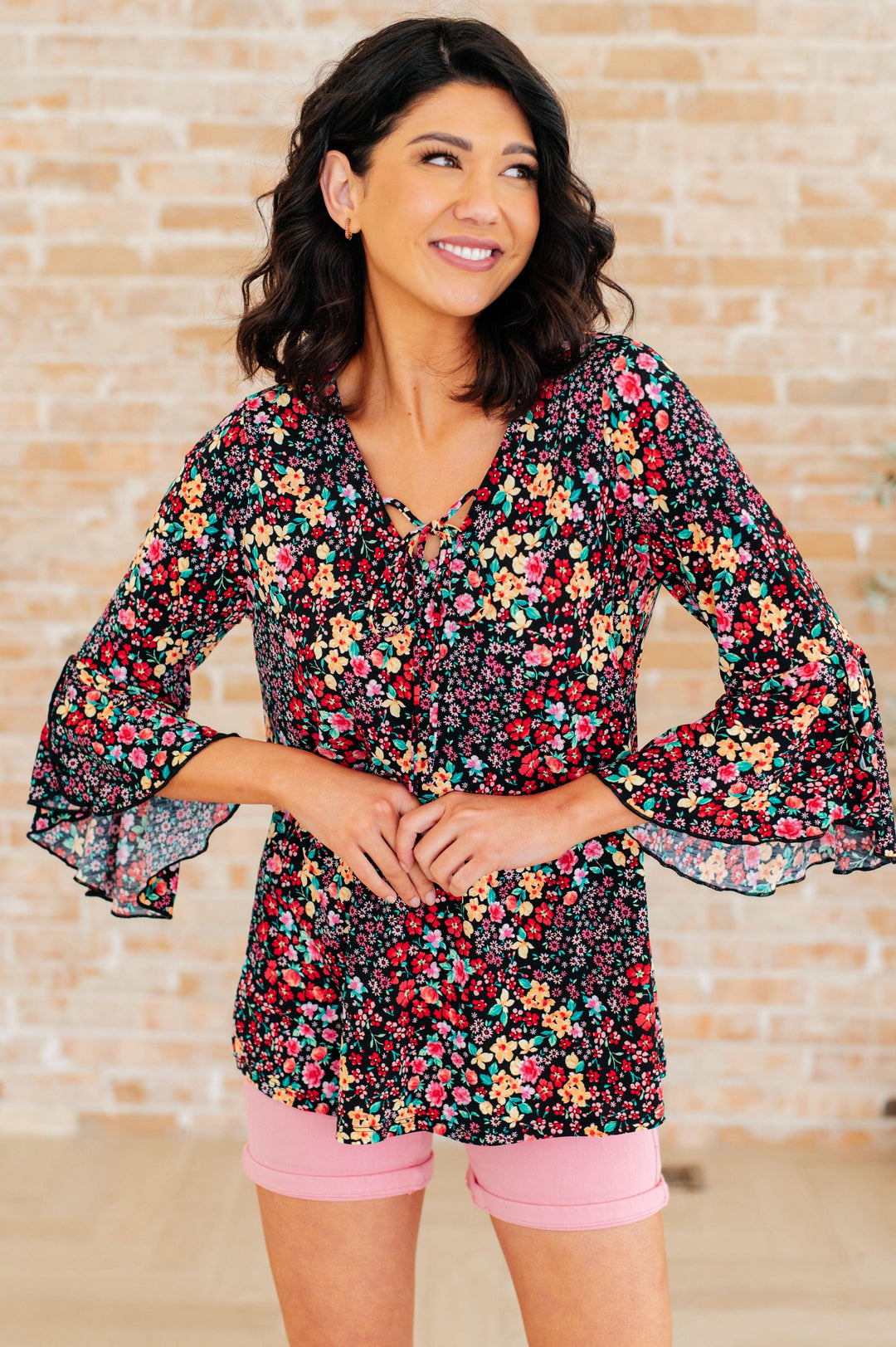 Willow Bell Sleeve Top in Black Multi Ditsy Floral Shirts & Tops