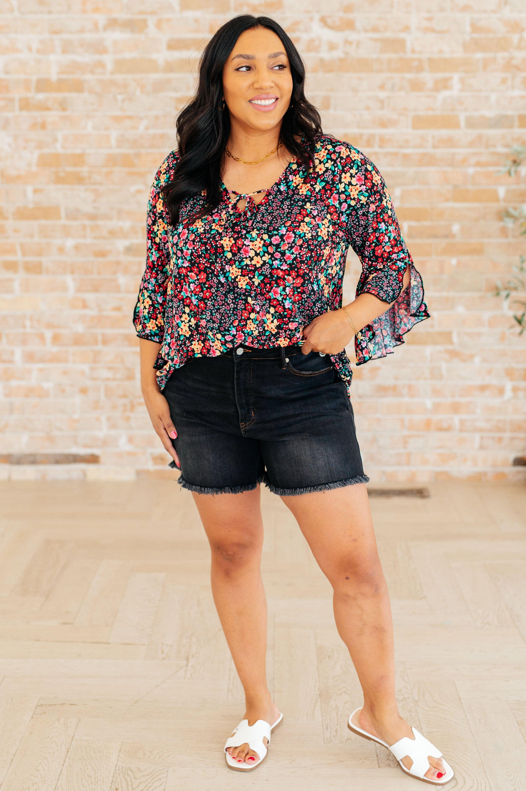 Willow Bell Sleeve Top in Black Multi Ditsy Floral Shirts & Tops