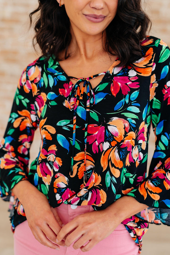 Willow Bell Sleeve Top in Black and Emerald Floral Shirts & Tops