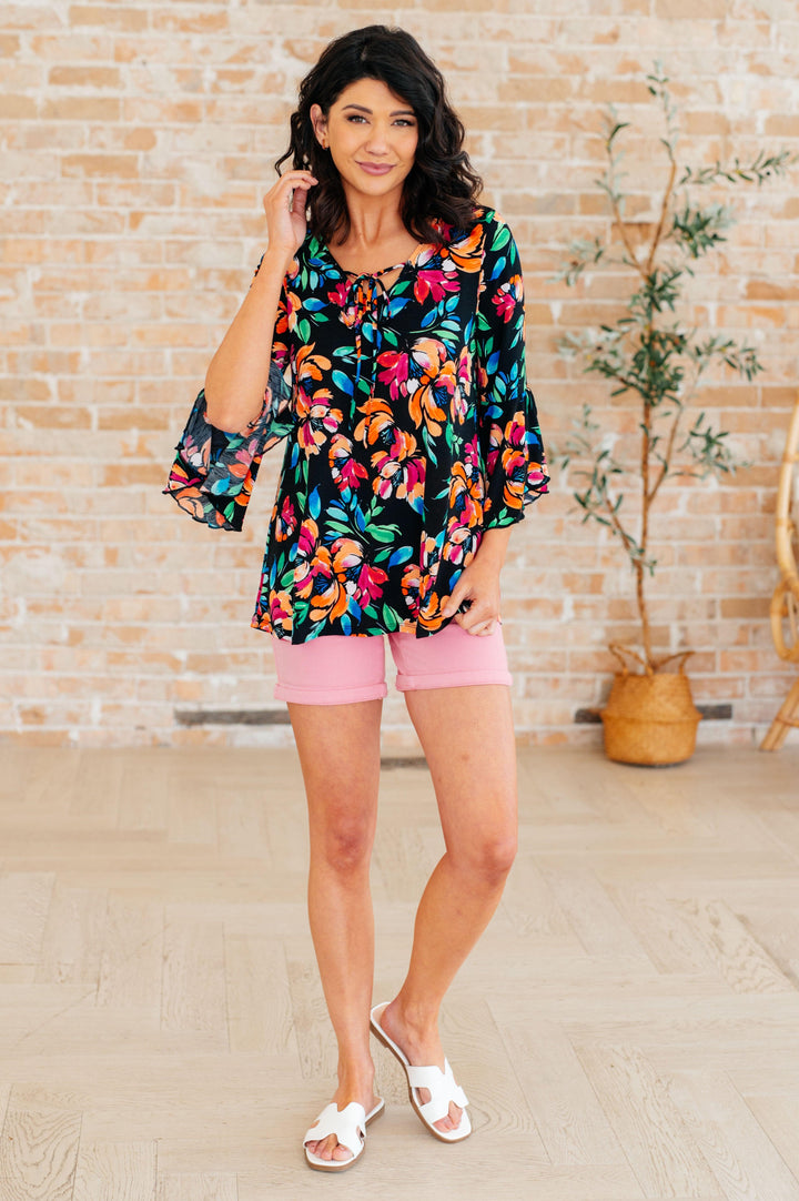 Willow Bell Sleeve Top in Black and Emerald Floral Shirts & Tops