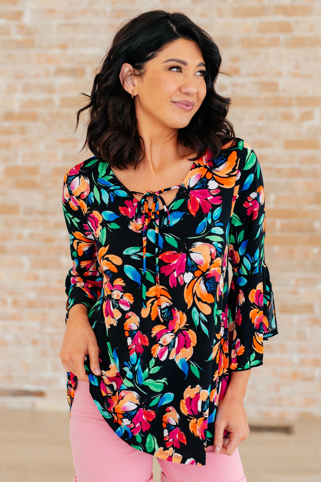 Willow Bell Sleeve Top in Black and Emerald Floral Shirts & Tops