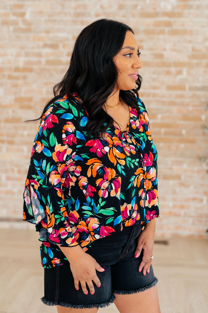 Willow Bell Sleeve Top in Black and Emerald Floral Shirts & Tops