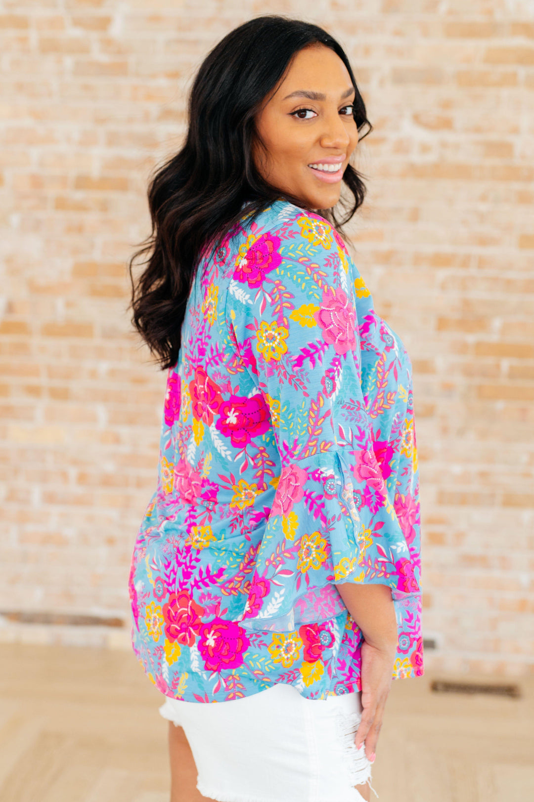 Willow Bell Sleeve Top in Bright Blue Floral Shirts & Tops