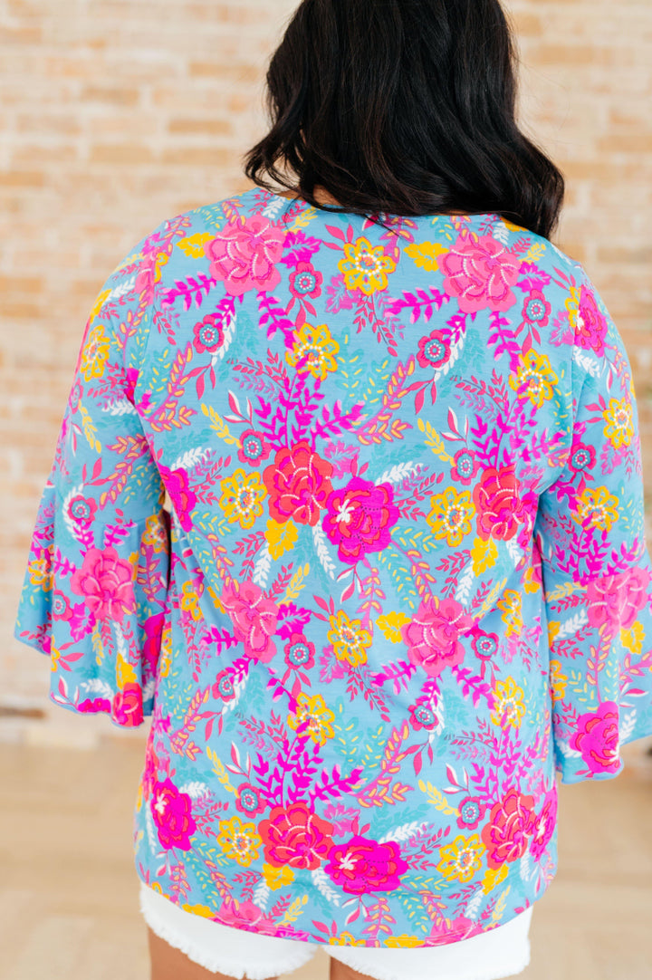 Willow Bell Sleeve Top in Bright Blue Floral Shirts & Tops