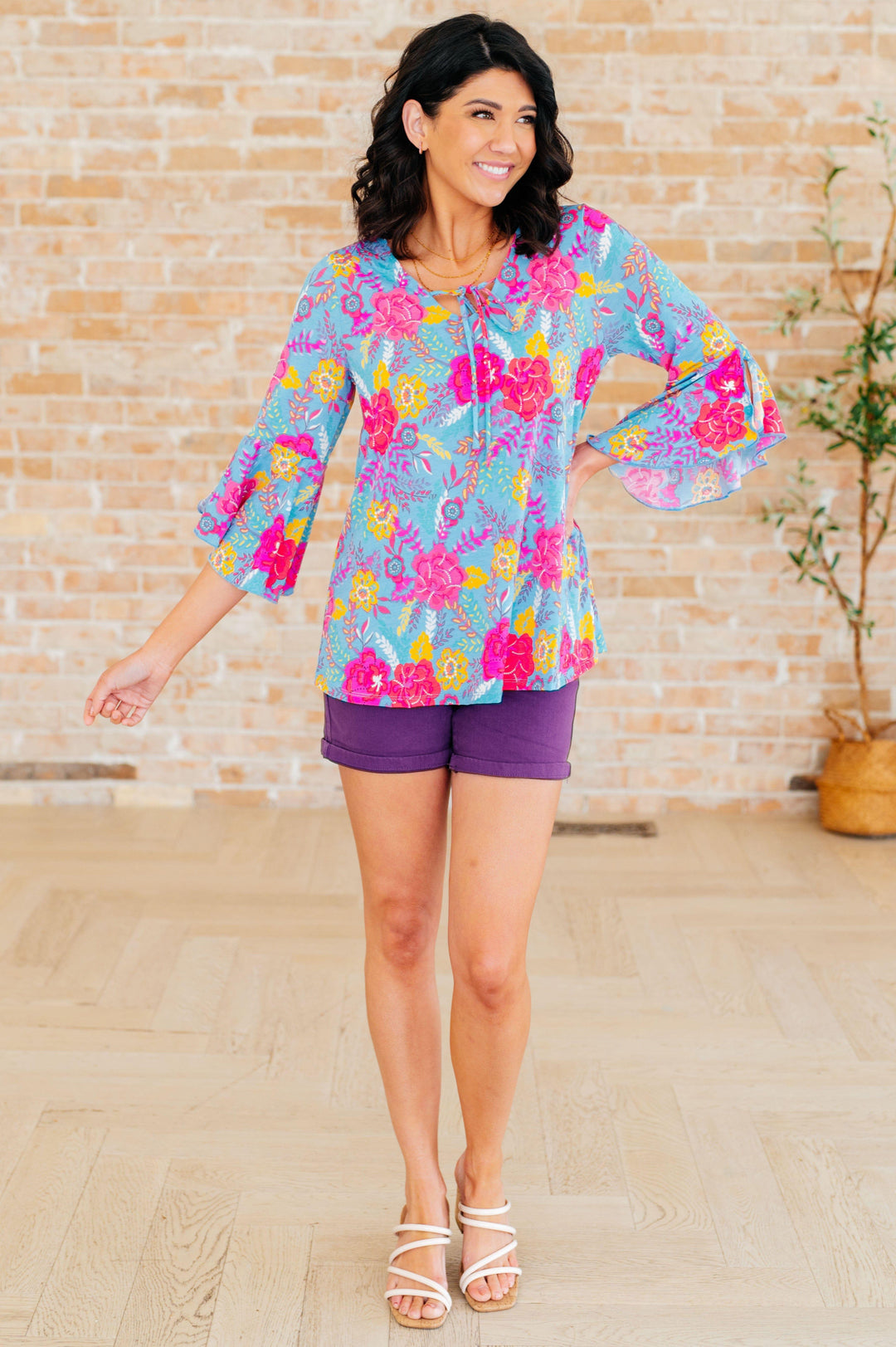 Willow Bell Sleeve Top in Bright Blue Floral Shirts & Tops