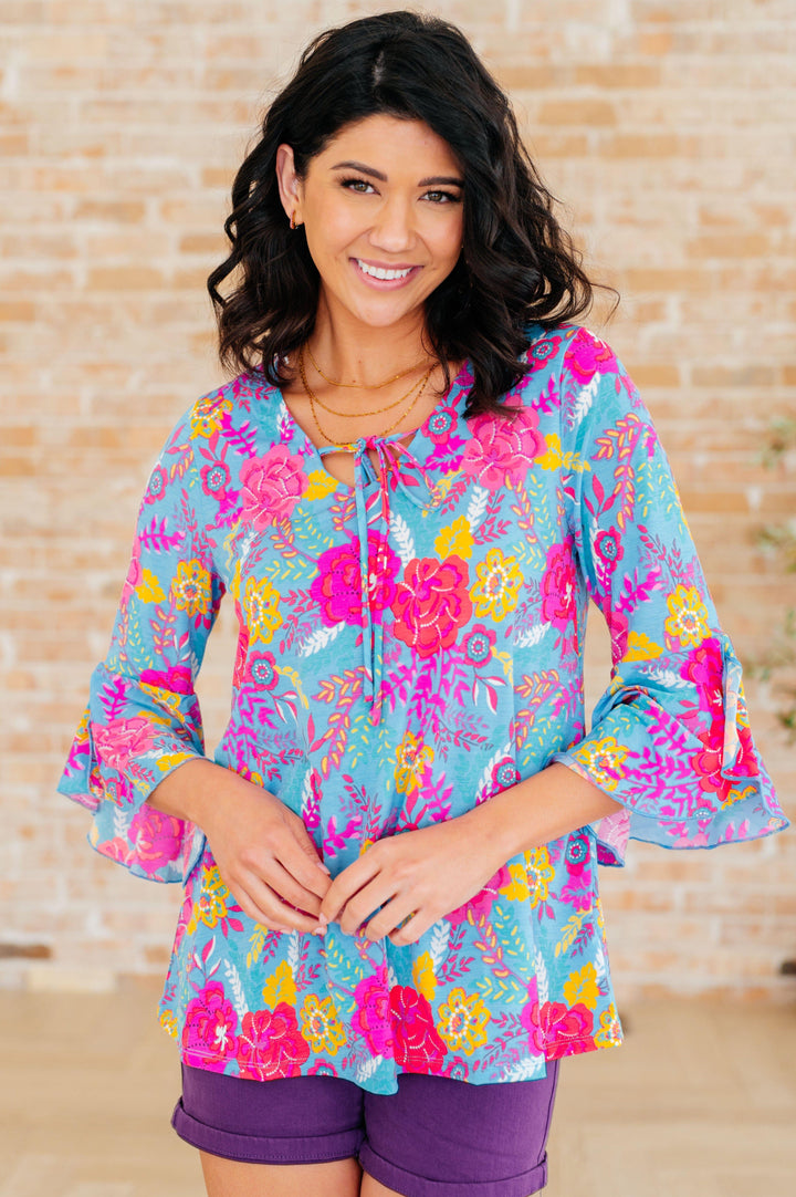 Willow Bell Sleeve Top in Bright Blue Floral Shirts & Tops