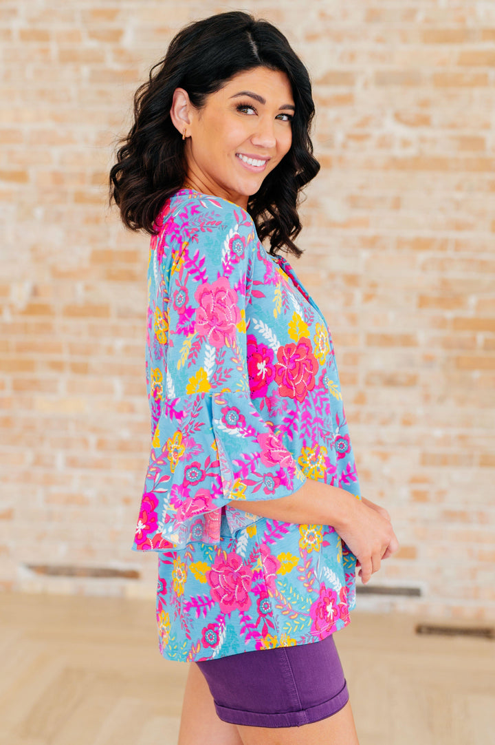 Willow Bell Sleeve Top in Bright Blue Floral Shirts & Tops