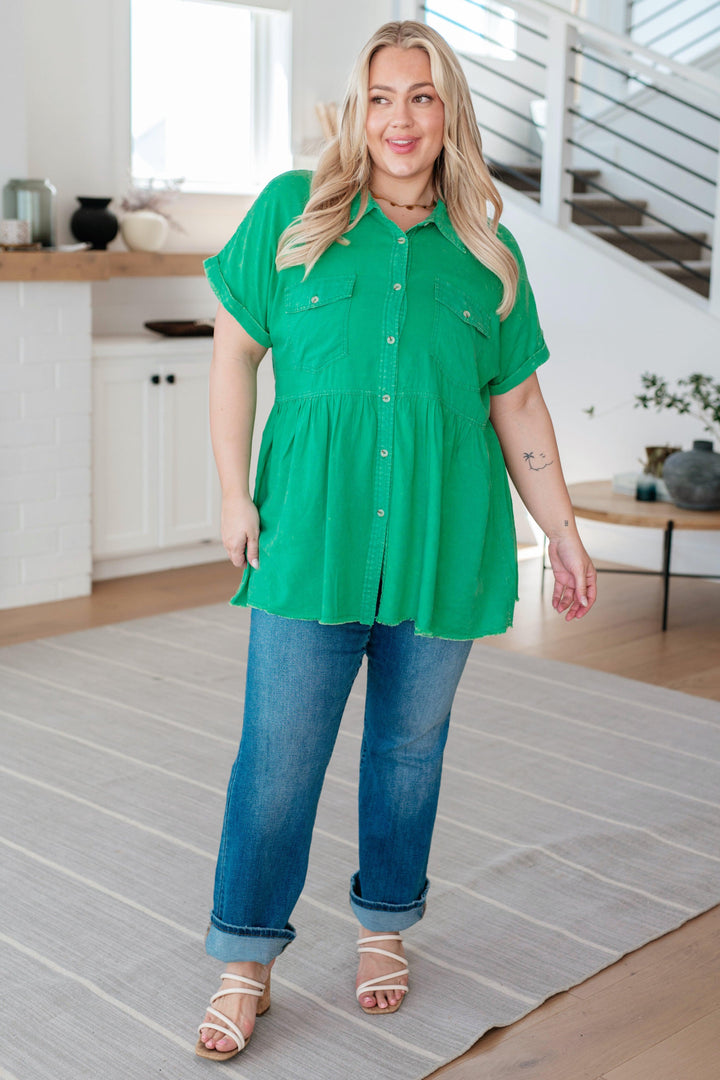 Working In The Garden Button Up Peplum Blouse Tops