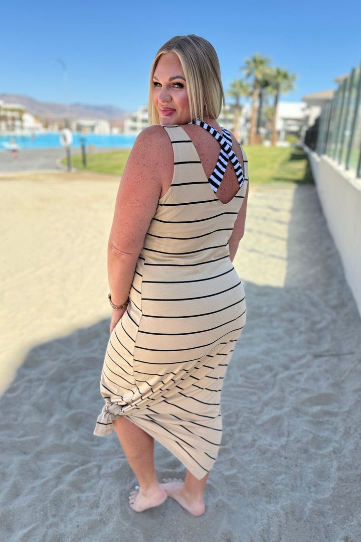 Khaki Striped Sleeveless Maxi Dress Maxi Dresses