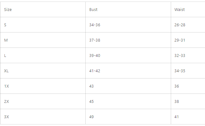 Zenana Size chart for clothing with bust and waist measurements.