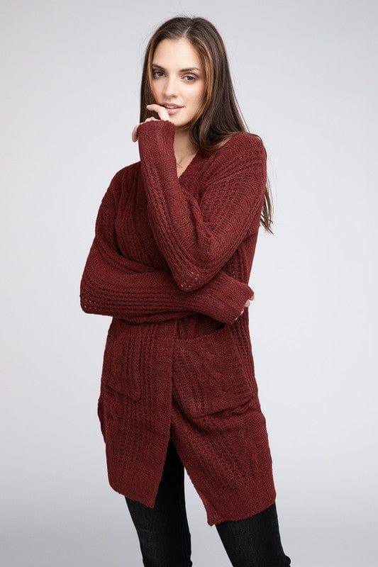 Twist Knitted Open Front Cardigan With Pockets MARSALA