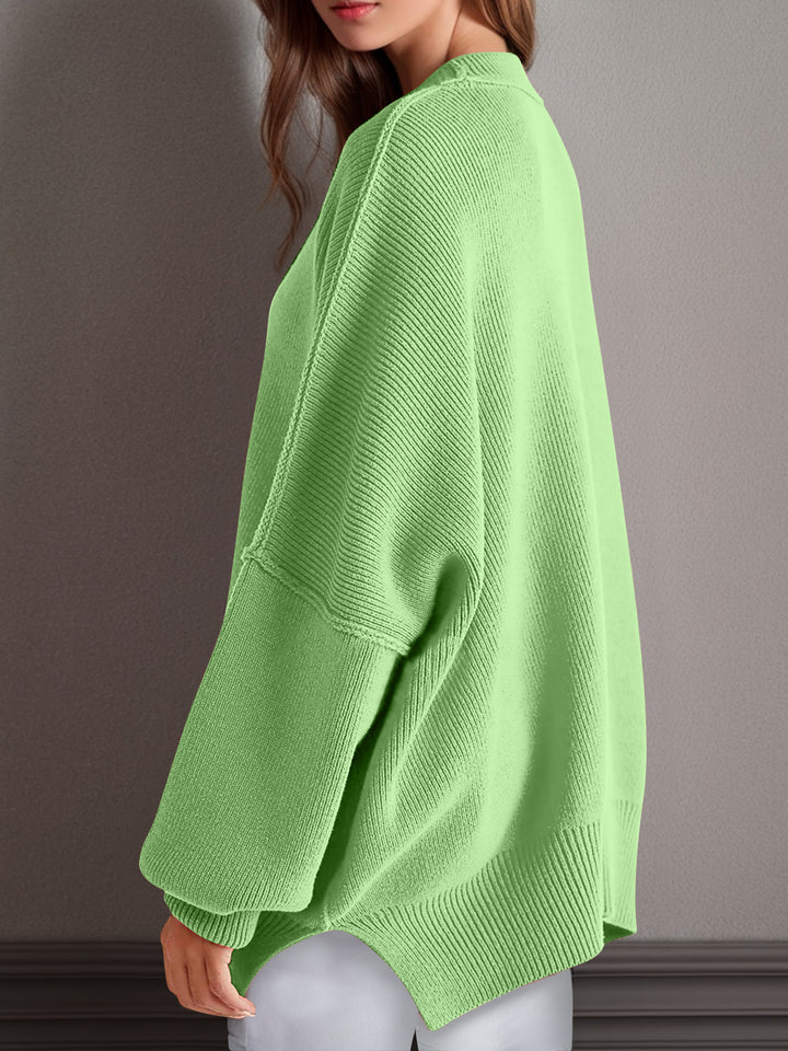 Side Slit Round Neck Long Sleeve Sweater Tops