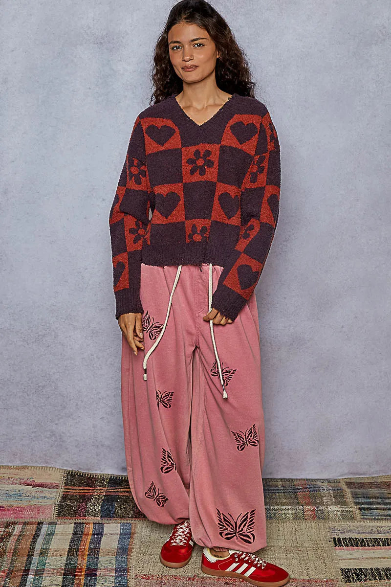 POL V-Neck Heart Pattern Checkered Sweater | Sweaters Daverri Fashions