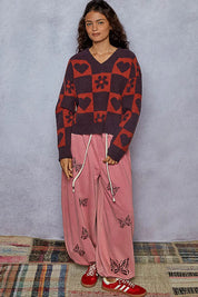 POL V-Neck Heart Pattern Checkered Sweater | Sweaters Daverri Fashions