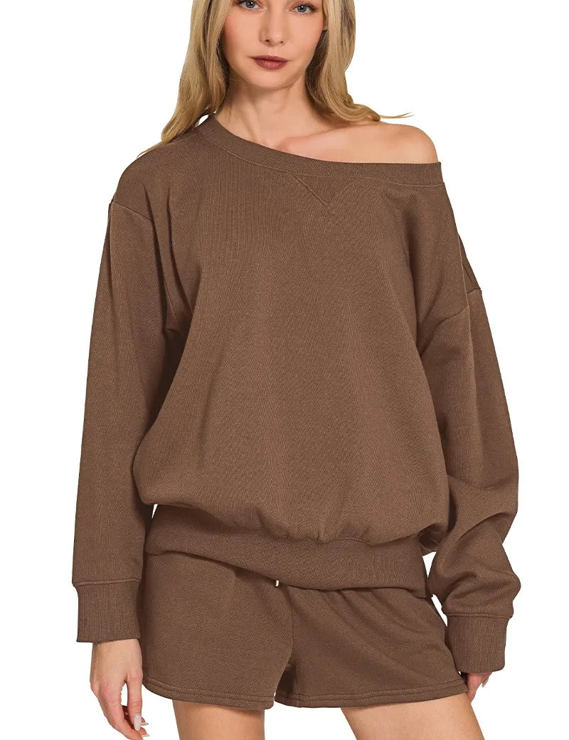 BROWN Zenana Fleece Boat Neck Sweatshirt and Shorts Set | Loungewear Sets Daverri Fashions
