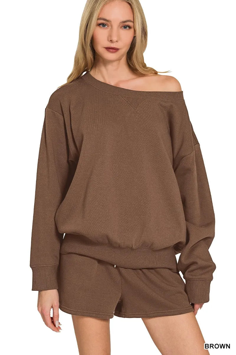 Zenana Fleece Boat Neck Sweatshirt and Shorts Set BROWN Outfit Sets