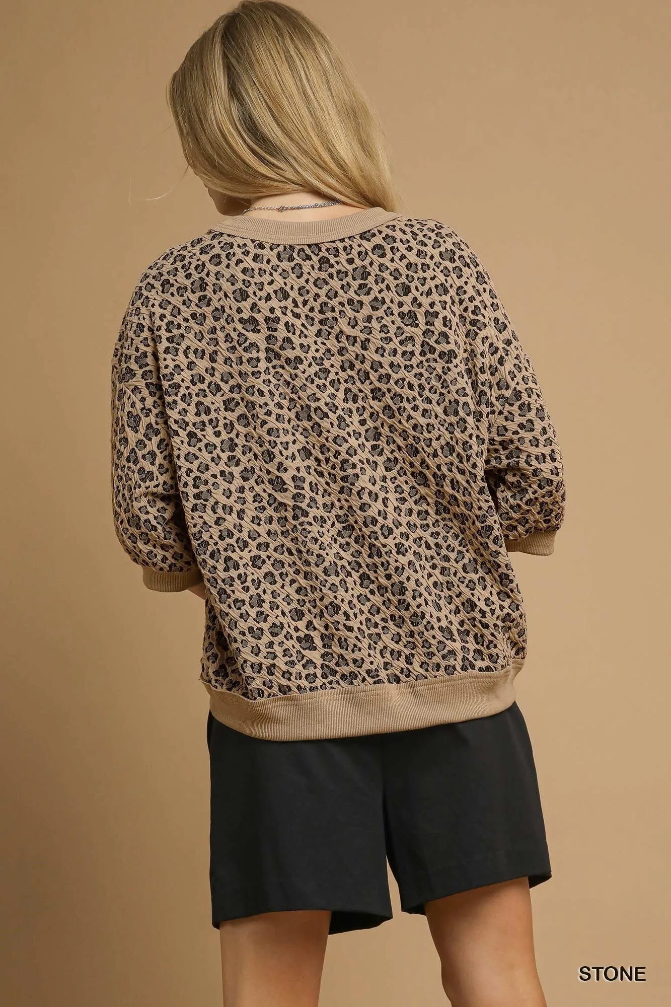 Umgee Leopard Knit Jacquard Puff Sleeve Sweatshirt Sweaters