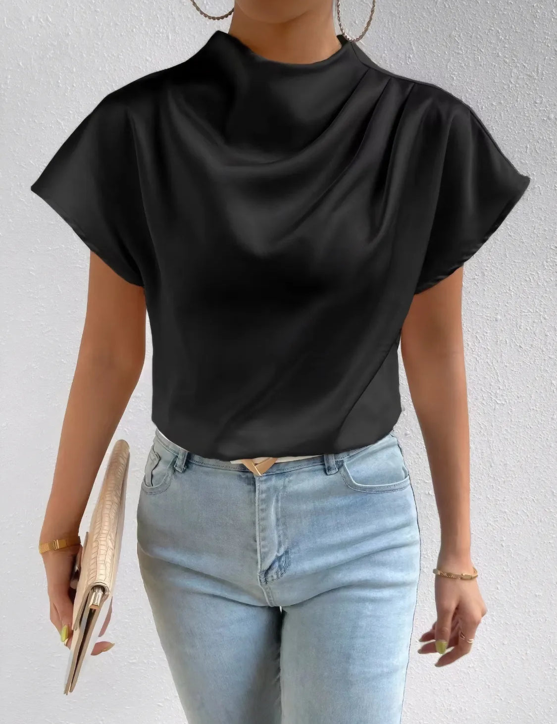 Black Mock Neck Short Sleeve Blouse | Blouses Daverri Fashions