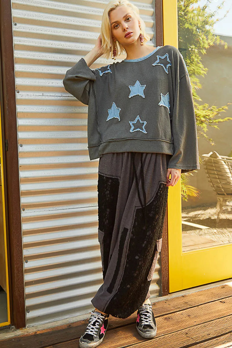 POL Exposed Seam Relaxed Fit Sweater with Star Denim Patch | Sweaters Daverri Fashions
