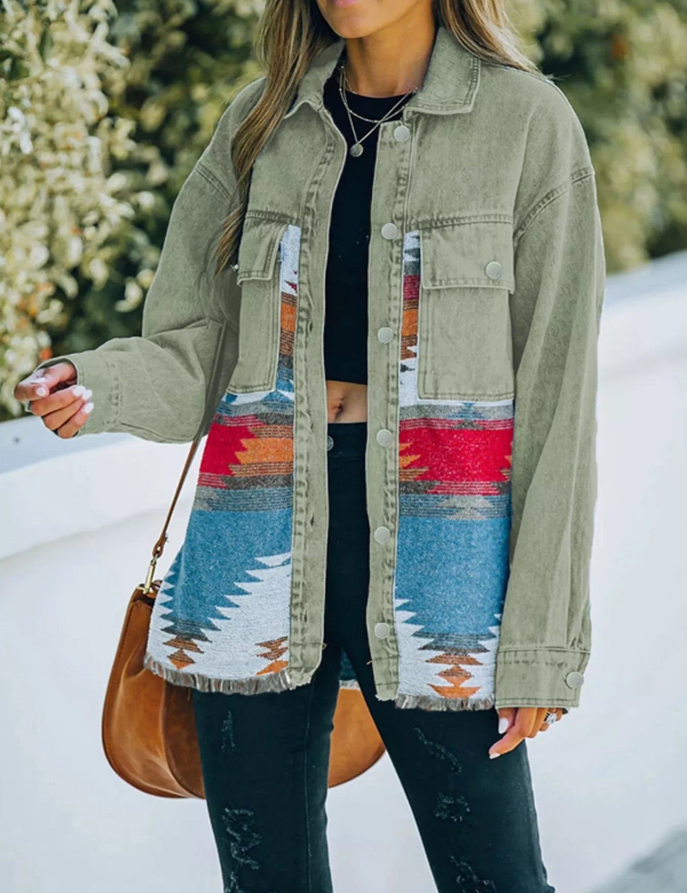 Sage Aztec Print Button Up Jacket | Denim Jackets Daverri Fashions
