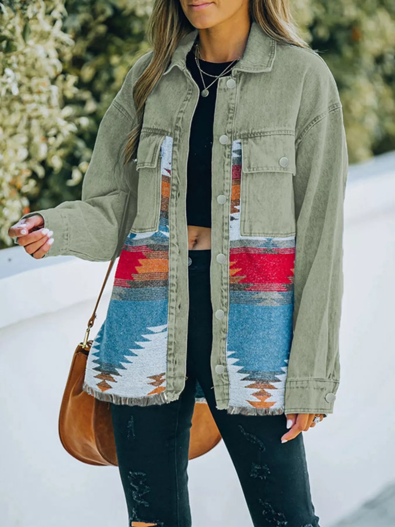 Sage Aztec Print Button Up Jacket | Denim Jackets Daverri Fashions