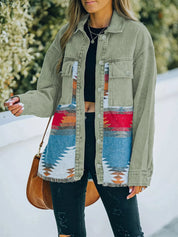 Sage Aztec Print Button Up Jacket | Denim Jackets Daverri Fashions