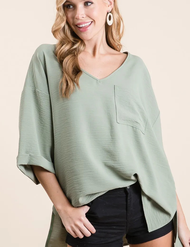 SAGE BiBi Flowy Woven V-Neck Top with Rolled Up Cuffs | Tops Daverri Fashions