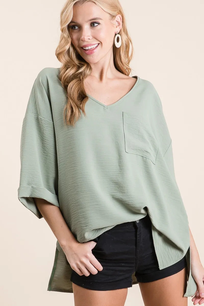 BiBi Flowy Woven V-Neck Top with Rolled Up Cuffs SAGE Tops