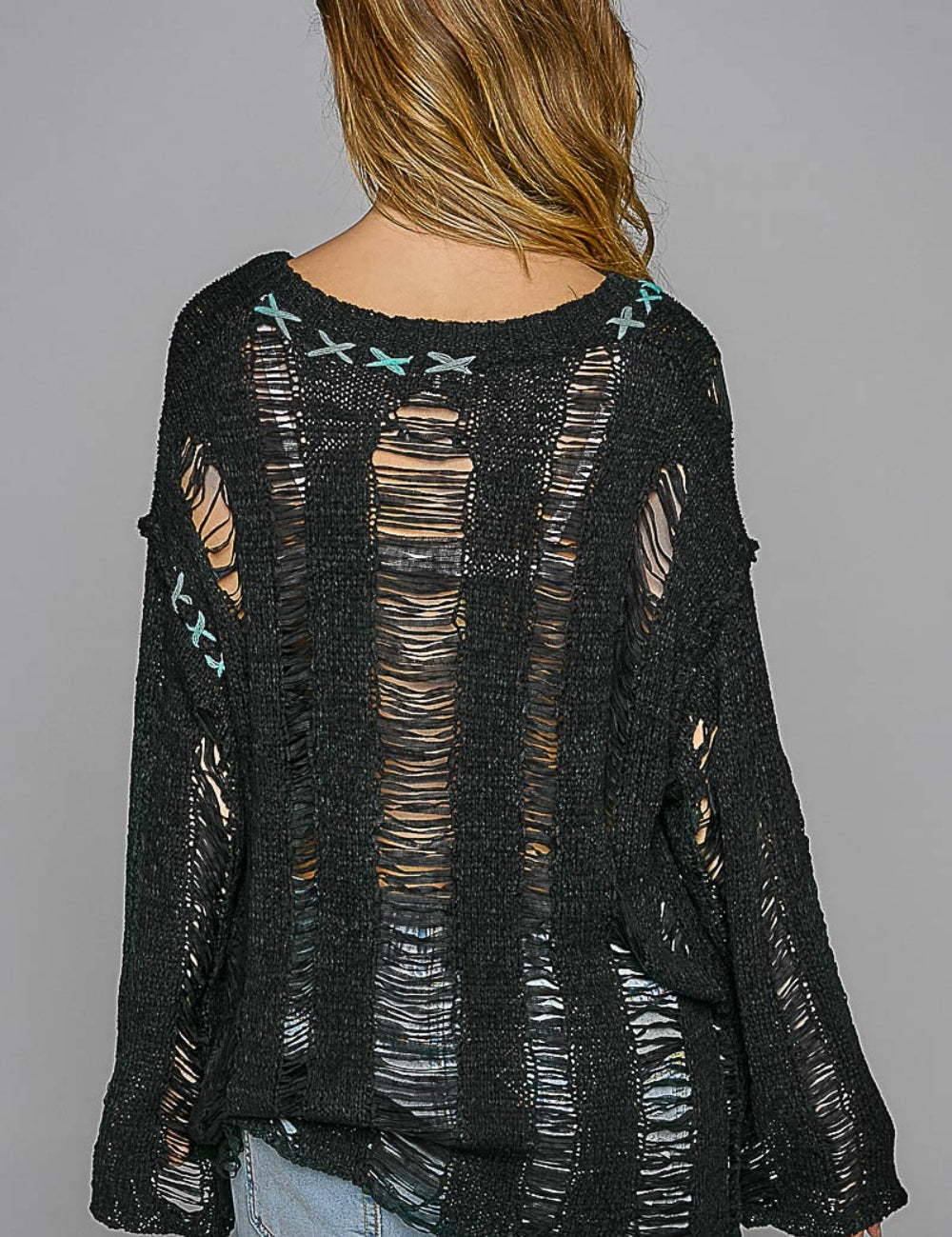 POL Distressed Dropped Shoulder Long Sleeve Knit Top