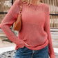 Coral crochet hollow out long sleeve knit top with loose fit