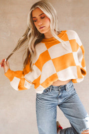 Checkered Bishop Sleeve Sweater | Sweaters Daverri Fashions