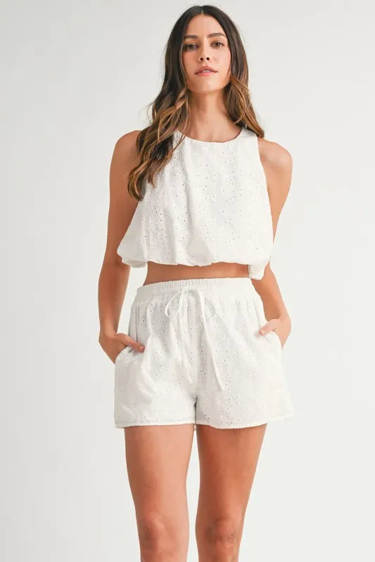 MABLE Eyelet Bubble Hem Sleeveless Top and Shorts Set Outfit Sets
