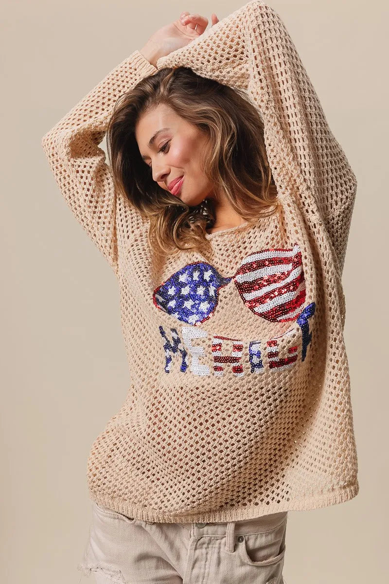 BiBi Sequin American Flag Sunglasses Knit Top Tops