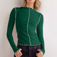 Daverri emerald green contrast trim mock neck long sleeve T-shirt