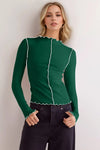 Daverri emerald green contrast trim mock neck long sleeve T-shirt