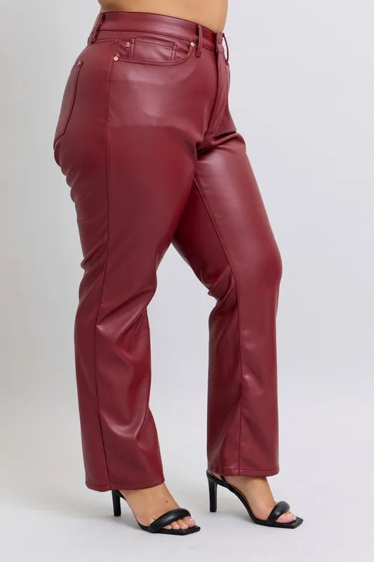 Judy Blue High Waist Tummy Control Faux Leather Straight Pants Plus Size | Pants Daverri Fashions