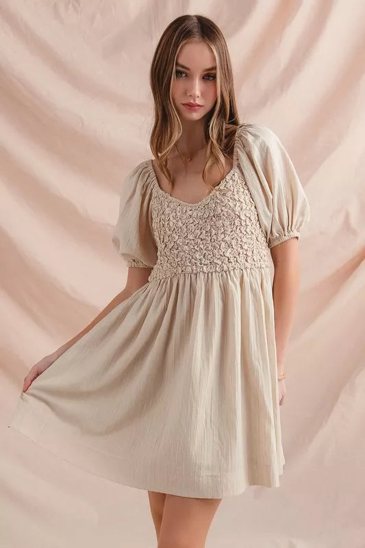 SO ME Textured Woven Daily Dress with Puff Sleeves | Mini Dresses Daverri Fashions