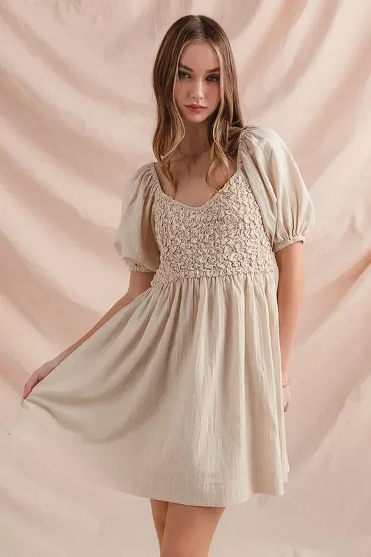 SO ME Textured Woven Daily Dress with Puff Sleeves - DAVERRI FASHIONS