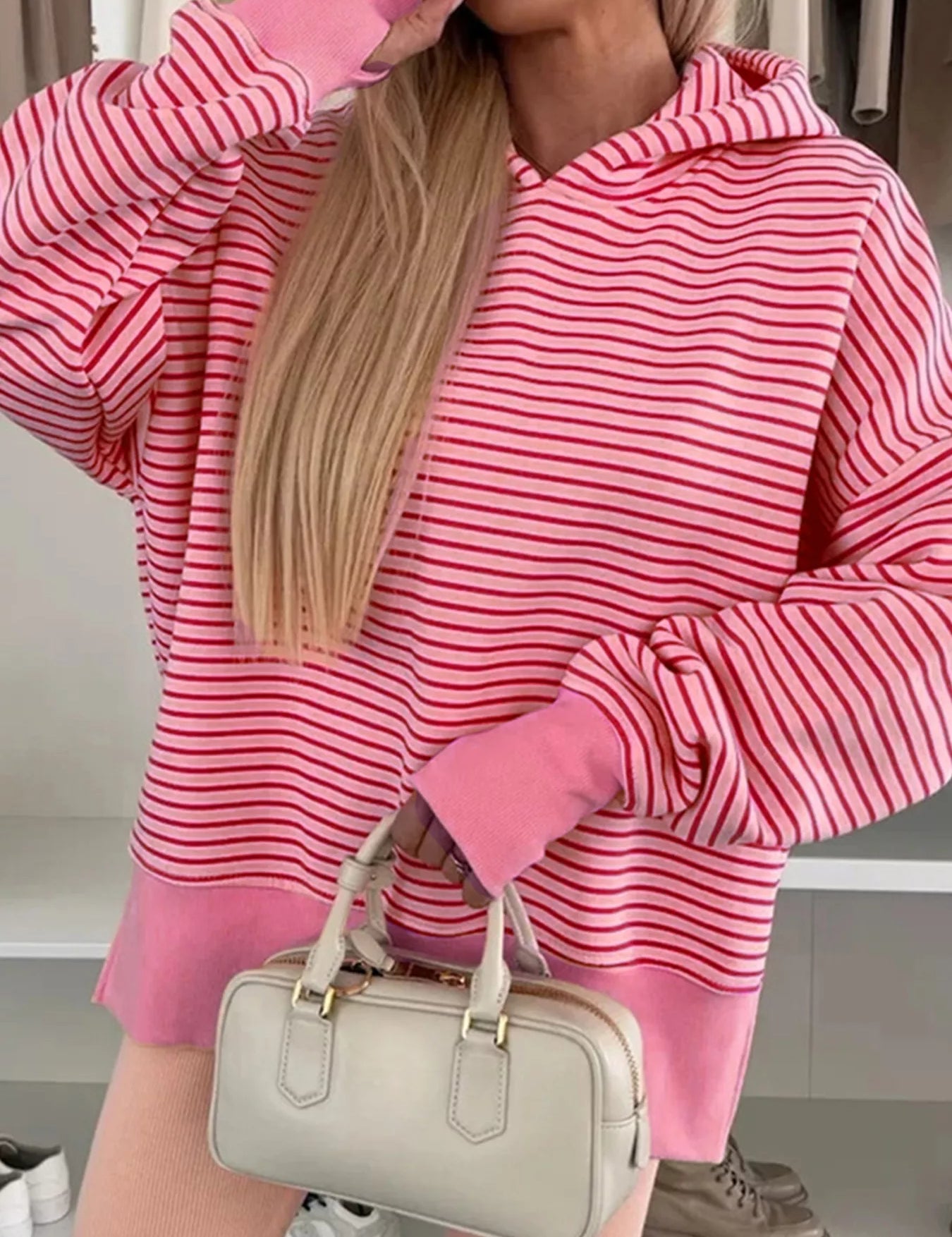 Pink Striped Oversized Hoodie with Kangaroo Pocket | Hoodies Daverri Fashions