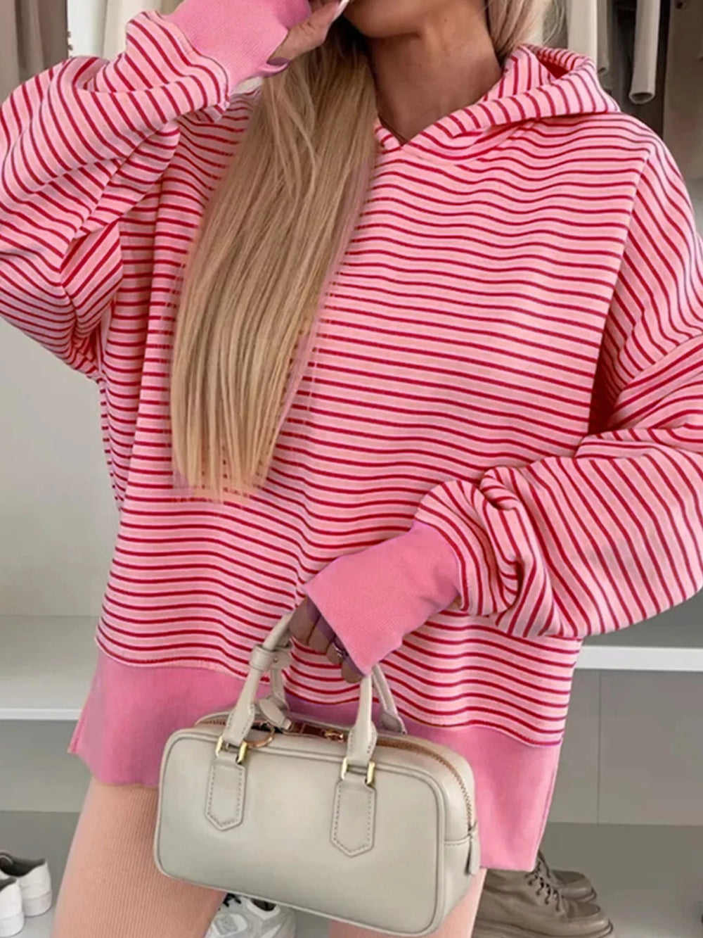 Pink Striped Oversized Hoodie with Kangaroo Pocket | Hoodies Daverri Fashions