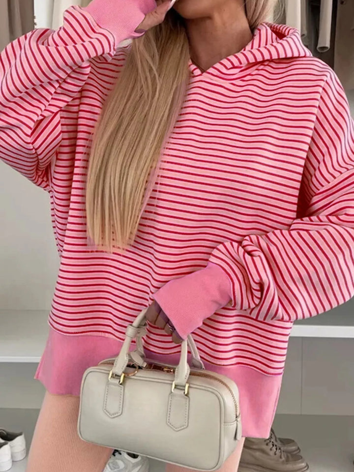 Pink Striped Oversized Hoodie with Kangaroo Pocket | Hoodies Daverri Fashions